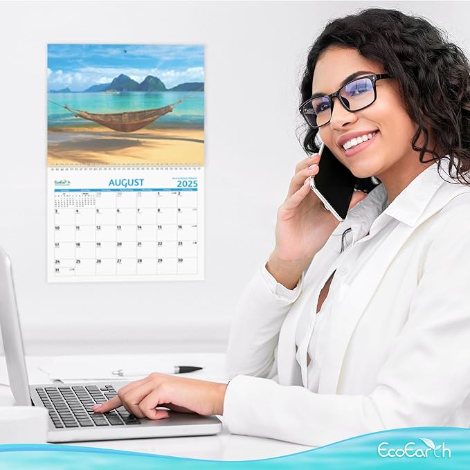 EcoEarth - Biodegradable 11x17 Inch (Open) 12-Month Vertical Hanging Wall Calendar - 2025 Monthly Calendar - Paradise Beaches