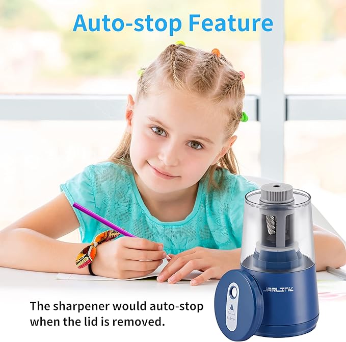 JARLINK Electric Pencil Sharpener, Heavy-Duty Helical Blade to Fast Sharpen, Auto Stop for No.2/Colored Pencils(6-8mm), USB/Battery Operated in School Classroom/Office/Home (Blue)