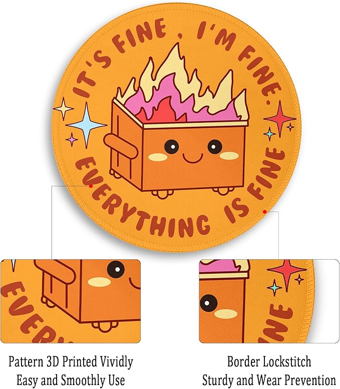 Gctriki Dumpster on Fire Mouse Pad for Desk, Funny Small Round Mousepad for Computer Laptop Gaming, Stitched Edge Non-Slip Rubber Base, Cute Dumpster Home Office Desk Accessories Decor for Women