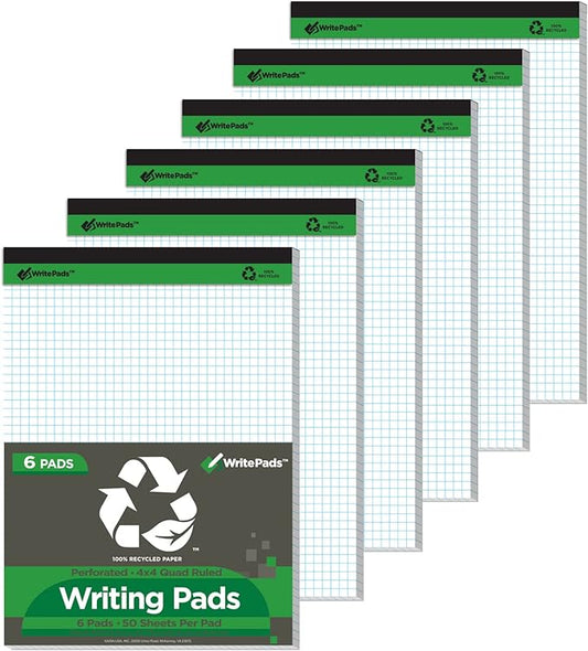 KAISA Legal Pad 4x4 Quad Ruled Writing Pads, Graph Ruled 8.5x11 Legal Pad Grid Paper Pads Recycled Note Pads, White 6pad, KSU-7525