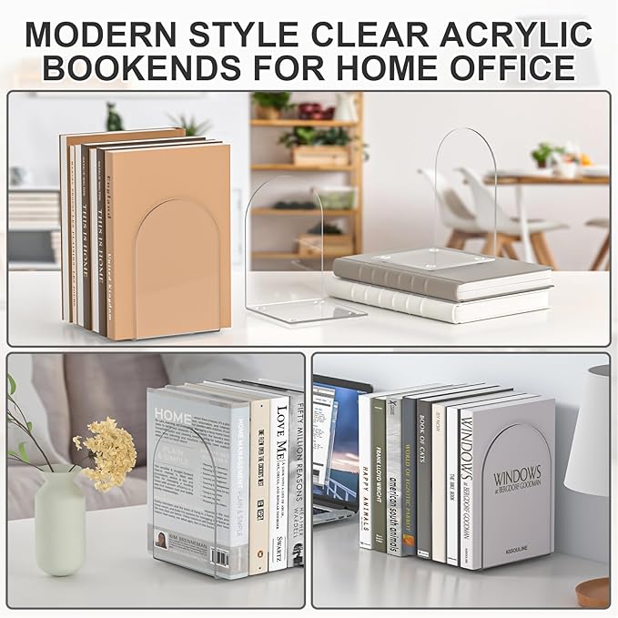 Acrylic Bookends 6 Pieces, Book Ends for Shelves, Clear Bookends for Book Shelves and Desktop Organizer, Transparent Bookends to Hold Books for Home Office Supplies