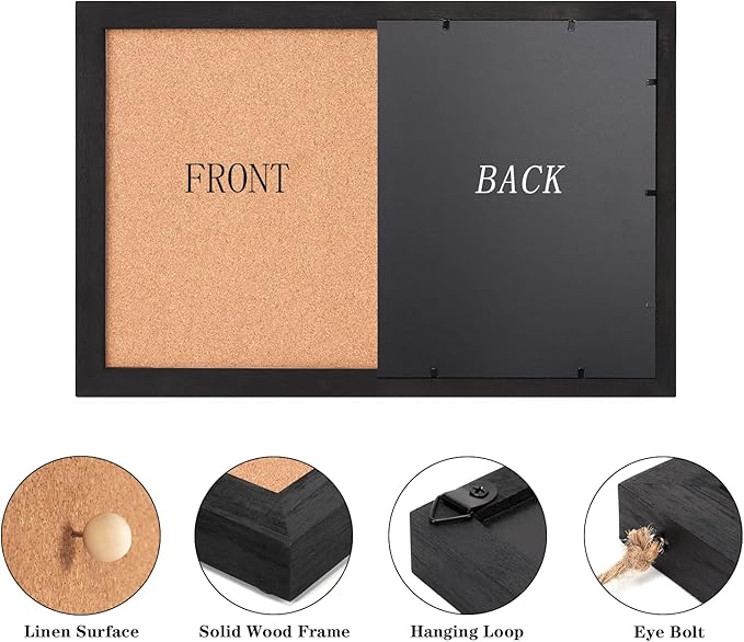 Miratino Cork Board Bulletin Board, 16 x 11 Inches Wooden Frame Pin Board, Cute Cork Boards for Walls Hanging for Office, Home Decor, School (Pins, Clips, Strings) Black