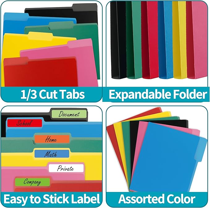 36 Packs Colored File Folders,1/3-Cut Tabs,Assorted Color Letter Size File Folder,8.5x11 File Folders for Office,School and Home,Organizer File Folder