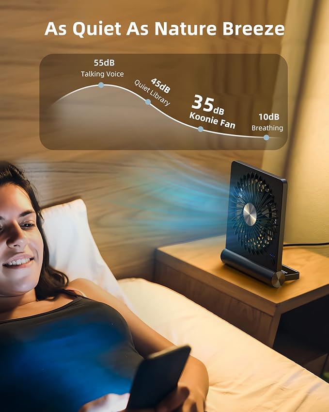 Koonie Desk Fan, Strong Wind Ultra Quiet Small USB Fan 180° Tilt Folding 3 Speeds Adjustable USB-C Powered Personal Fan for Home Office Desktop Black