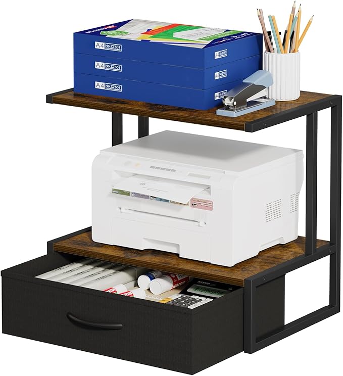 Printer Stand with Storage for Desk, with Fabric Drawer Desktop Printer Stand Shelf Organzier for Home Office, for Above and Under Desk Printer Table, Fax Machine Copier Scanner, Rustic Brown