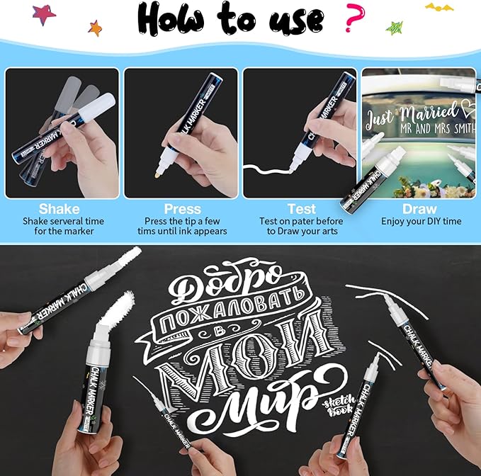 White Window Chalk Markers Pen: 6 Pack White Glass Marker, Liquid Chalk Marker for Chalkboard Signs, Car Window Paint Marker Pen for Bistro, Jars, Erasable, Non-Toxic, 5 Nib Sizes (1, 3, 6, 10, 15mm)