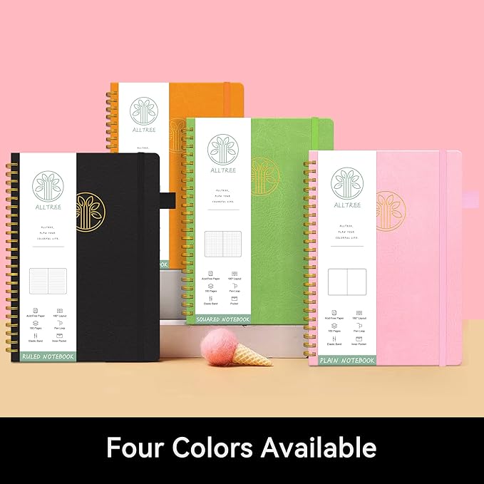 Alltree Spiral Dot Grid Notebook Journal, Dotted Paper Notebook for Work, Hardcover Spiral Notebook with Pen Loop, Pocket, Stickers, 160 Pages, Journal for Women & Men, Pink(6"x8.5")