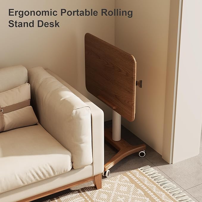 Rolling Standing Desk,Rolling Desk Adjustable Height with Wheels Rolling Desk for Home Office, Bedroom,Couch(Walnut)