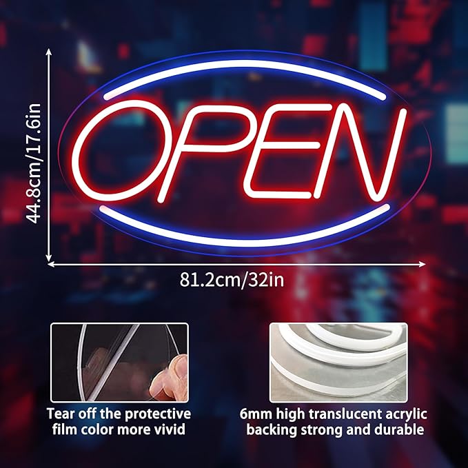 Open Signs for Business Ultra Bright LED Neon Open Signs for Business Storefront Window Glass Door Shop Store Florists Bar Salon Pubs with ON/OFF Switch (Blue/Red- Oval, 32 Inch)
