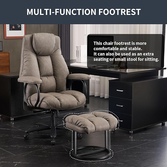 Office Chair Big and Tall, High Back Home Office Chair 400 lbs, Executive Office Chair with Ottoman, Ergonomic Office Chair with Padded Armrest, Swivel Computer Chair PU Leather (Grey)