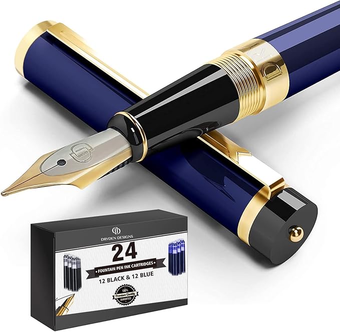 Dryden Designs Fountain Pen Medium Nib Gift Pouch - with 24 Ink Cartridges - MCM (Deep Blue)