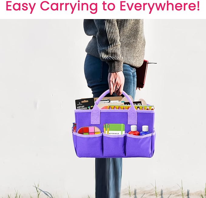 Godery Desktop Tote and Stock Organize, Teacher Helper Tote Bag Organization for Arts, Books, Stationery, etc, and Office Desk Organize, Make-up Storage Tote with Handles for Travel (PURPLE)