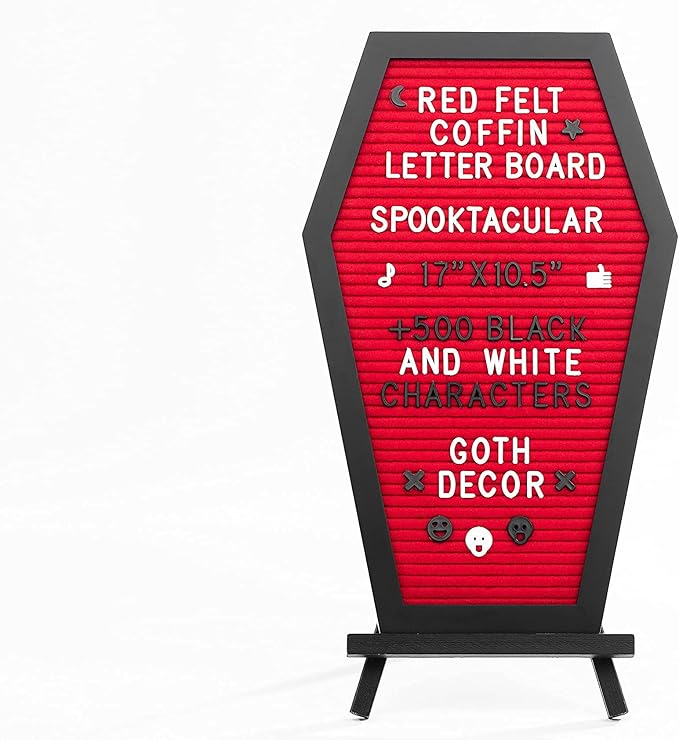 Coffin Letter Board Red With Spooky Emojis +500 Characters, and Wooden Stand - 17x10.5 Inches - Goth Valentines Gifts Horror Spooky Gothic Valentines Day Halloween Decor Decorations