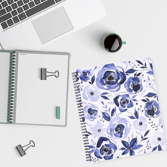 Steel Mill & Co Cute Large Spiral Notebook College Ruled, 11" x 9.5" with Durable Hardcover and 160 Lined Pages, Watercolor Floral (White)