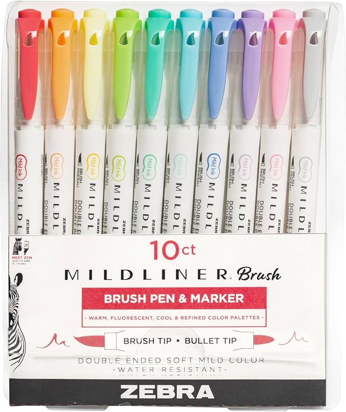 Zebra Pen Mildliner Brush Marker, Double Ended Brush and Fine Tip Pen, Assorted Soft Colors, 10 Pack