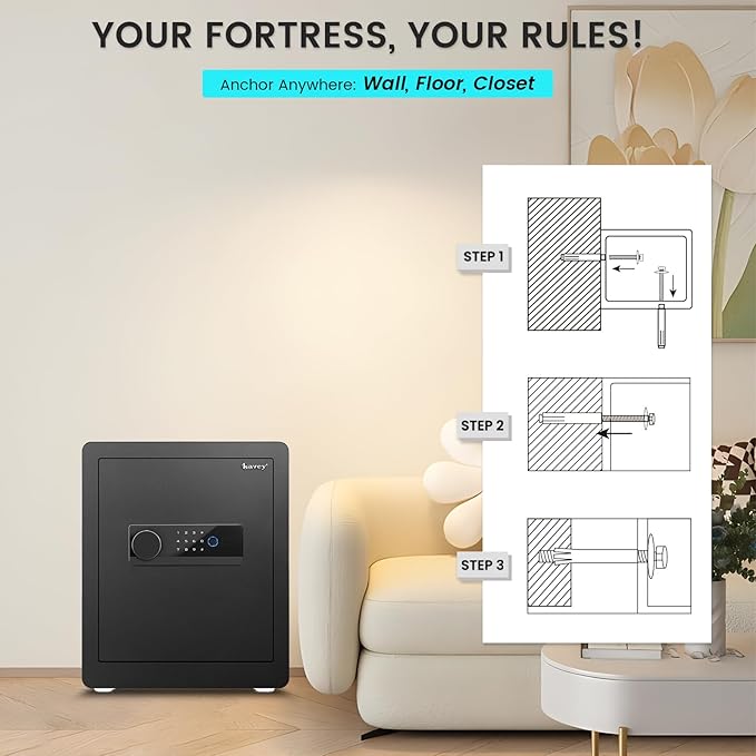 Kavey 2.0 Cub Biometric Safe Box, Fingerprint Safe with Backlit Touch Screen Keypad and Dual Alarm System, Money Safe With Mute Function and LED Light
