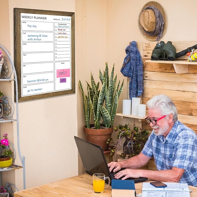 Dry Erase White Board Weekly Calendar Board, Magnetic Whiteboard for Wall,18“x24 Solid Wood Rustic Brown Framed Message Board, Planner Board for Office, Home, School(Weekly-BB-RB-4560)