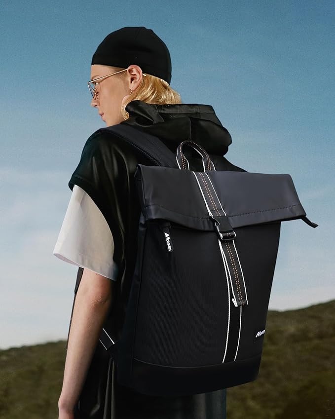 Rolltop Travel Commuter Backpack for Men Black Faux Leather Knapsack and Laptop Compartment College Necessities Casual Daypack Expandable Bag