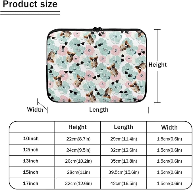 Corgi Dog Printed Computer Bags for Laptops for Women Men, Shockproof 12 Inch Laptop Case Bag Floral Print Messenger Bag with Zipper, Laptop Case Computer Carrying Cover Easy to Carry