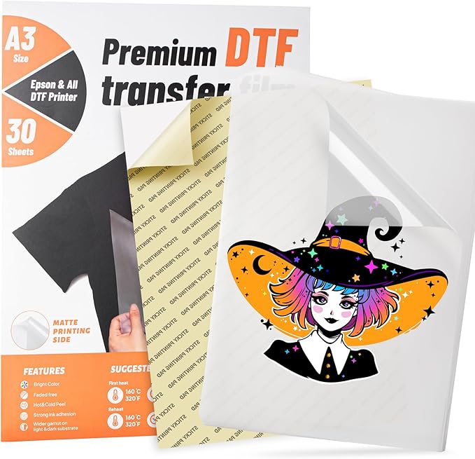 KASYU DTF Transfer Film, 30 Sheets 11"*17" DTF Paper with Smart Printing Pad for All Sublimation&DTF Printers,DTF Film for Sublimation Hack, Premium Direct to Film for All Color Fabric
