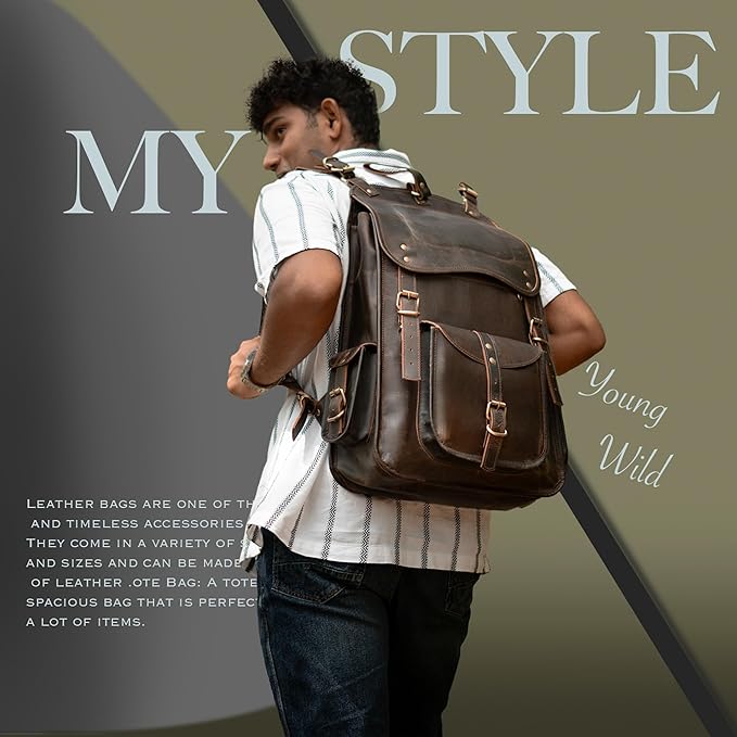 Satchel And Fable Vintage Full Grain 21 Inch Leather Laptop Large Backpack Casual Bookbag Daypack Camping Travel Rucksack Knapsack