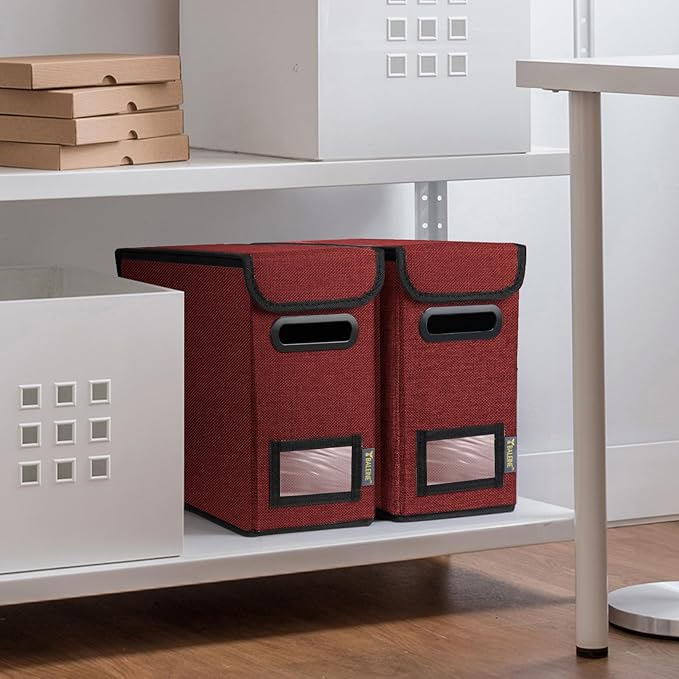 BALEINE File Organizer Box with Lid, Collapsible File Folder Organizer with Plastic Slide, Hanging File Folder Box for Office Document Storage (1 Pack, Red, S)