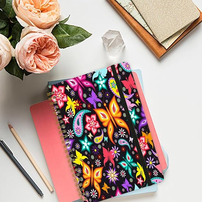 Spiral Notebook - A5 Spiral Notebooks, 8.3'' × 5.8'', 160 Pages, Aesthetic Journaling Notebooks for Women, College Lined Notebook with Elastic Closure, Back Pocket, for School Office, Butterfly