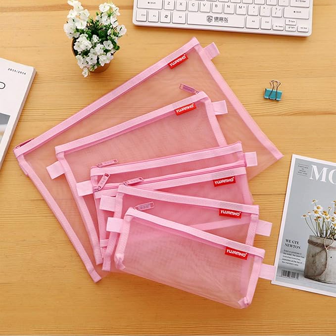 Pendancy Mesh Zipper Pouch 5pcs Lightweight Nylon File Folders Document Organizer Cosmetic Bags Accessories Storage for Travel and Office Supplies(Pink, A4 A5 A6)
