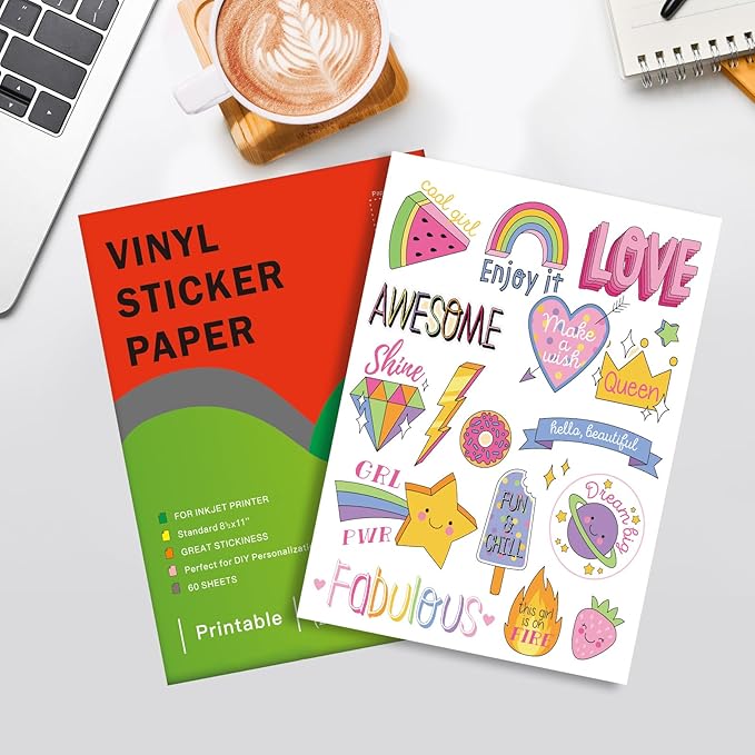 Premium Printable Clear Vinyl Sticker Paper for Inkjet Printers, 60 Sheets Transparent Paper of 8.5x11 "DIY Personalized Self-adhesive Paper That is Tear Resistant, Waterproof Labels,Easy to Cut