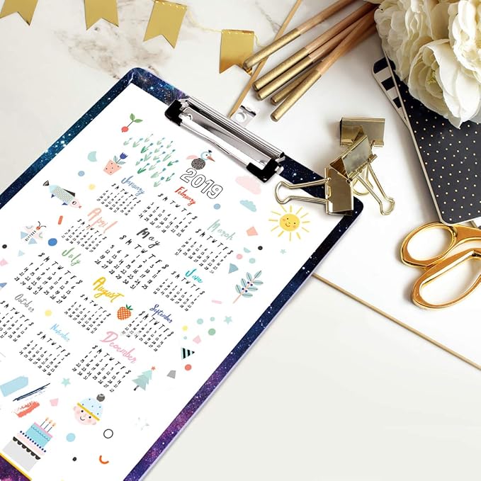 Clipboard Decorative, Clipboard Cute, WAVEYU A4 Letter Size Clip Board Pattern with Low Profile Clip, Retractable Key Hole for Hanging Paperboard for Office School Supplies, Nebula Black (12.5"x9")