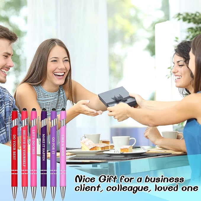 Zonon 12 Pieces Inspirational Pens Bulk Easter Basket Stuffers Motivational Quotes Ballpoint Pens with Stylus Tip Inspirational Gifts for School Office Teachers(Pink Purple Colors,Boss Lady)