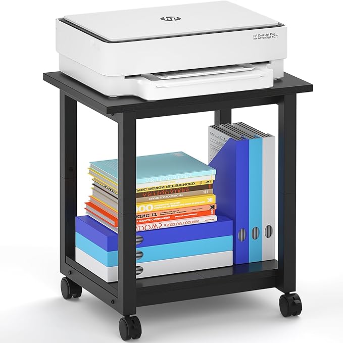 Under Desk Printer Stand, 2-Tier 19.5''x 16''x 22'' Rolling Printer Stand Storage Shelves for Printer, Scanner, Fax Machine, Files, Books with Anti-Skid Feet for Home, Office, Black