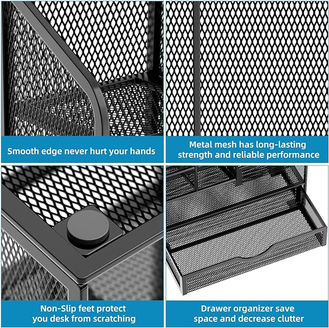 Marbrasse Mesh Pen Holder for Desk, Multi-Functional Pencil Organizer with Drawer, Desk Organizers and Accessories for Office Art Supplies (Black)