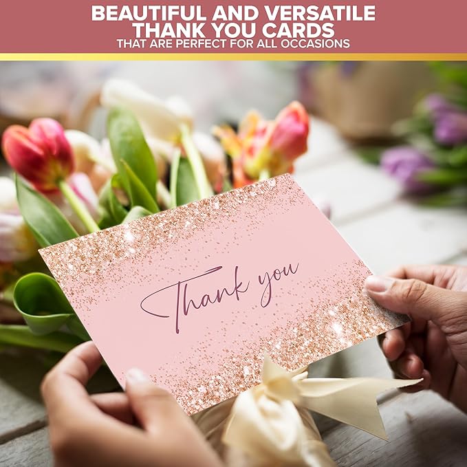 Decorably 24 Pack Glittery 6x4in Rose Gold Thank You Cards with Envelopes and Stickers, 6 Elegant Designs Thank You Cards with Envelopes Pink, Blank Inside - Bridal Shower, Wedding
