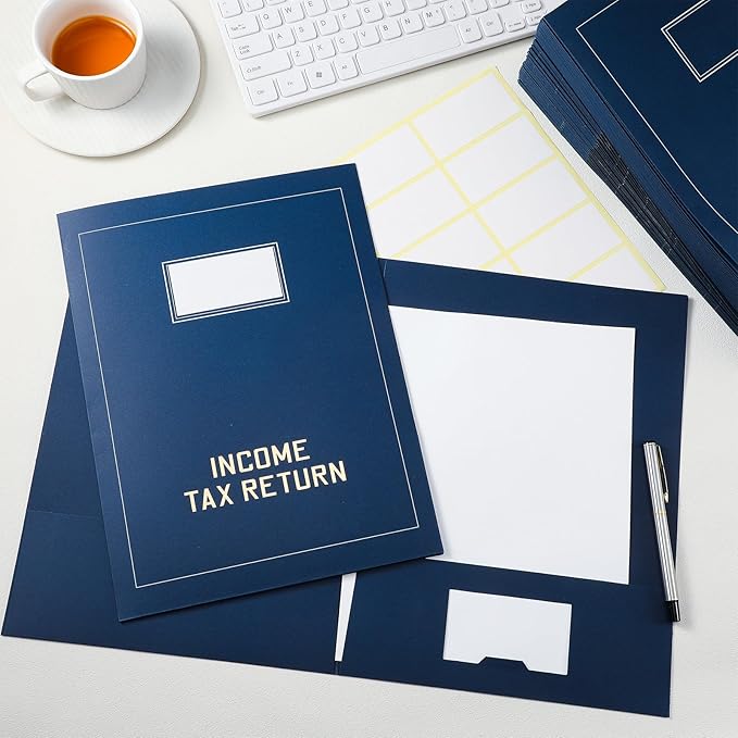 Kisston 50 Pcs Tax Return Folders Bulk 2 Pocket Gold Foil Stamped Income Tax Folders with Blank Labels Business File Office Organizer (Blue)