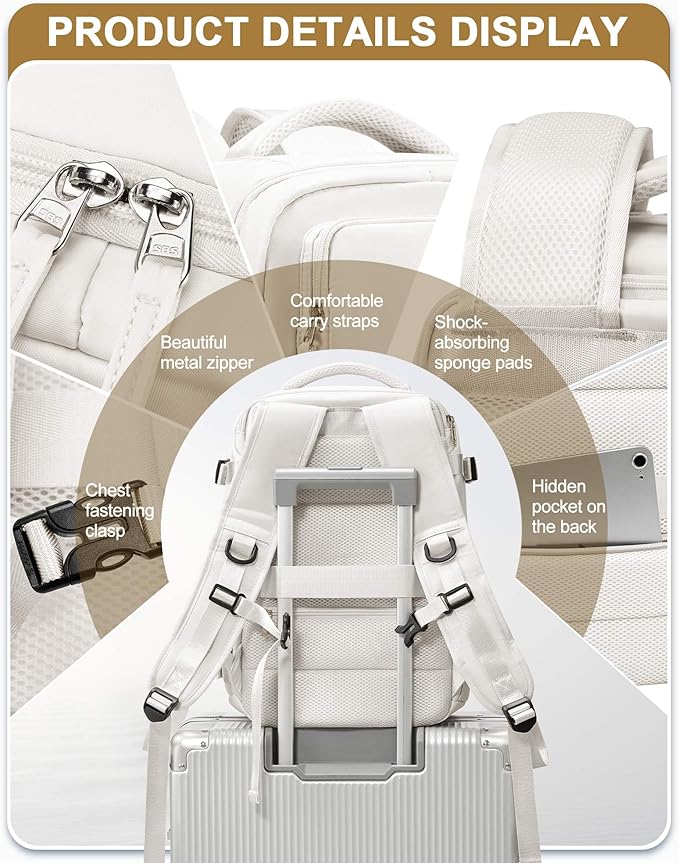 Travel Carry on Laptop Backpack for Women Men, Expandable Flight Approved Backpack, Waterproof Sports College bag Casual Daypack for Weekender Business Hiking Off White(Small)