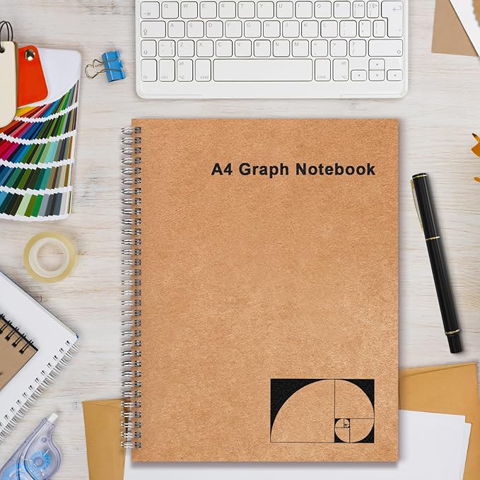 A4 Graph Paper Notebook, 2 Pack Large Spiral Grid Notebook, 200 Pages 100gsm Thick 5mm Square Paper Quad Notebook for Engineering, Math, Taking Notes, Drawing - Kraft Brown Cover, 8.5" x 11"
