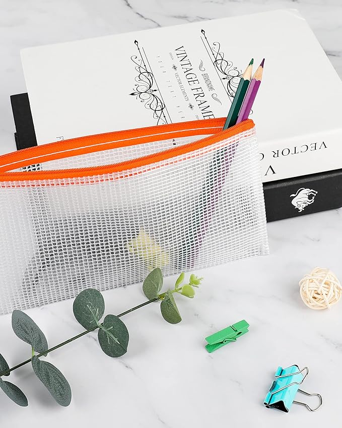 Smarpau 14pcs Zipper Pouch, 14 Colors 9.3" x 4.7" Mesh Pencil Pouches, Plastic Pencil Case Waterproof Zipper Bags for Cosmetic,Travel, Office Storage