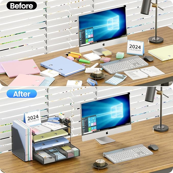 Desk Organizers and Accessories, Desk Accessories & Workspace Organizers for Office Supplies, File Organizer Desk Drawer Organizer with 2 Pen Holders, 4 Tier Paper Organizer for Desk(Black)