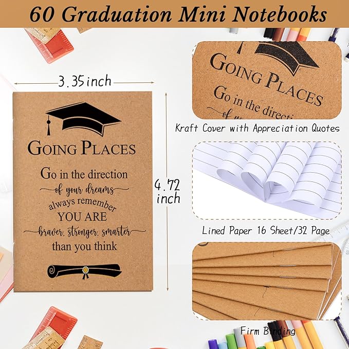 Kosiz 120 Pcs Graduation Gifts Motivational Mini Journal Inspirational Bamboo Pen Kraft Notebooks Bulk Wooden Retractable Ballpoint Pen for Class of 2025 College Gifts (Wooden)
