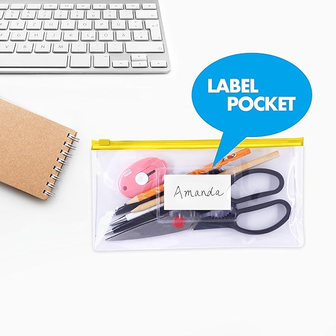 26 Clear Zip Envelope File Bill Document Bag Pocket Pencil Case with Tag Pocket, 5 Assorted Colors, 9.1” x 4.7”fit A6 Sheets