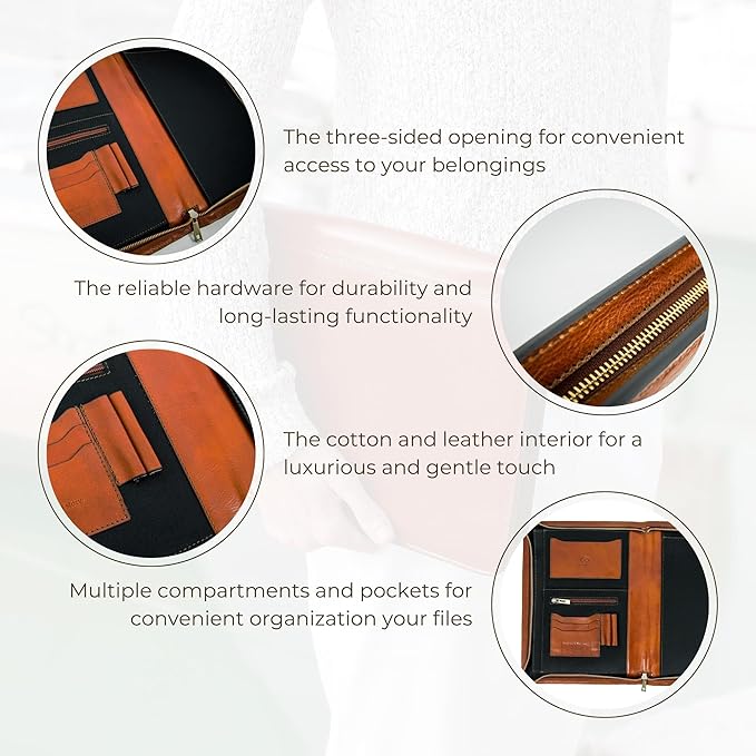 Time Resistance Leather Portfolio - A4 Document Folder - Padfolio - Italian Handcrafted Organizer Folio - Gift Box Included