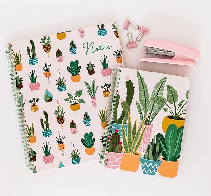 Steel Mill & Co Cute Large Spiral Notebook College Ruled, 11" x 9.5" with Durable Hardcover and 160 Lined Pages, Succulent