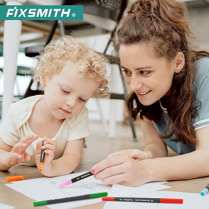 FIXSMITH Dual Brush Marker Pens - 24 Colored Art Markers, Fine Point & Brush Tip Water Based Markers, for Kids Adult Coloring Books Bullet Journals Planners, Note Taking Sketching Drawing Art