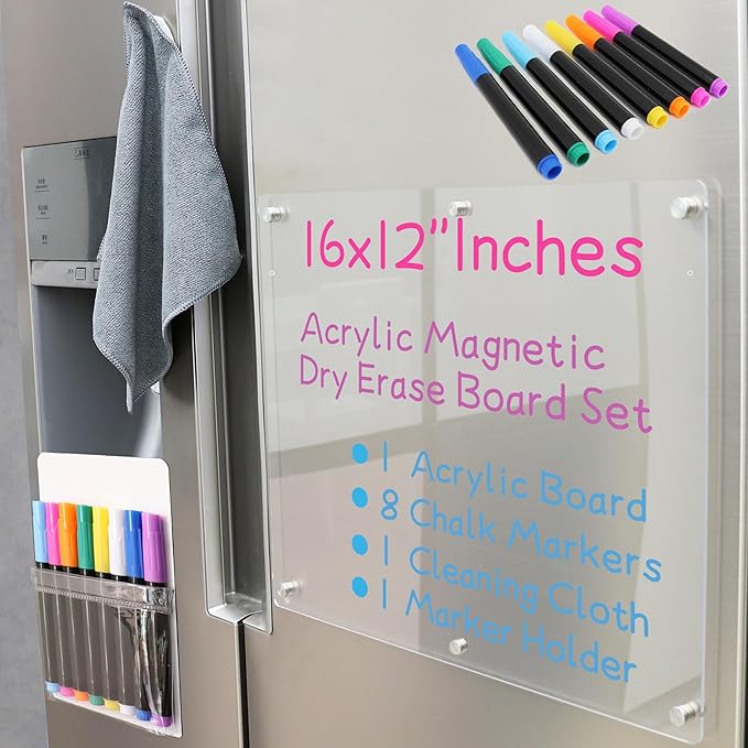 Acrylic Magnetic Dry Erase Board for Fridge 16"x12" Magnetic Whiteboard for Fridge Acrylic Dry Erase Board for Refrigerator Clear Acrylic Board Magnet White Board for Fridge Wall 8 Markers