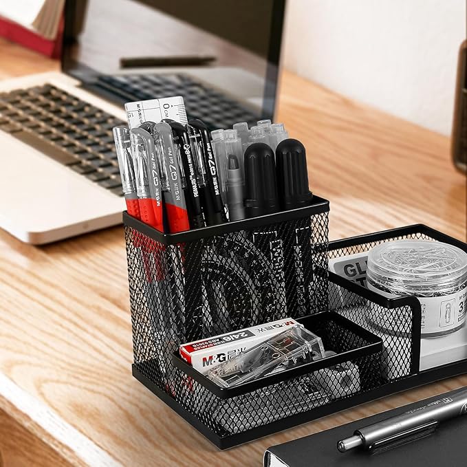 M&G Mesh Pen Holder Desk Organizers Pencil Holder for Desk Black, 3 Compartments Metal Office Supply Organizer with Sticky Notes Holder for School Home Office