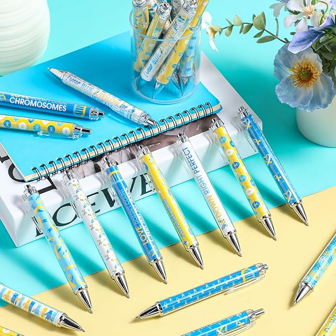48 Pcs Down Syndrome Awareness Pens Blue Yellow Ribbon Awareness Ballpoint Pens Bulk Faith Courage Hope Strength Health Awareness Favor Gifts for Teen Social Charity Event