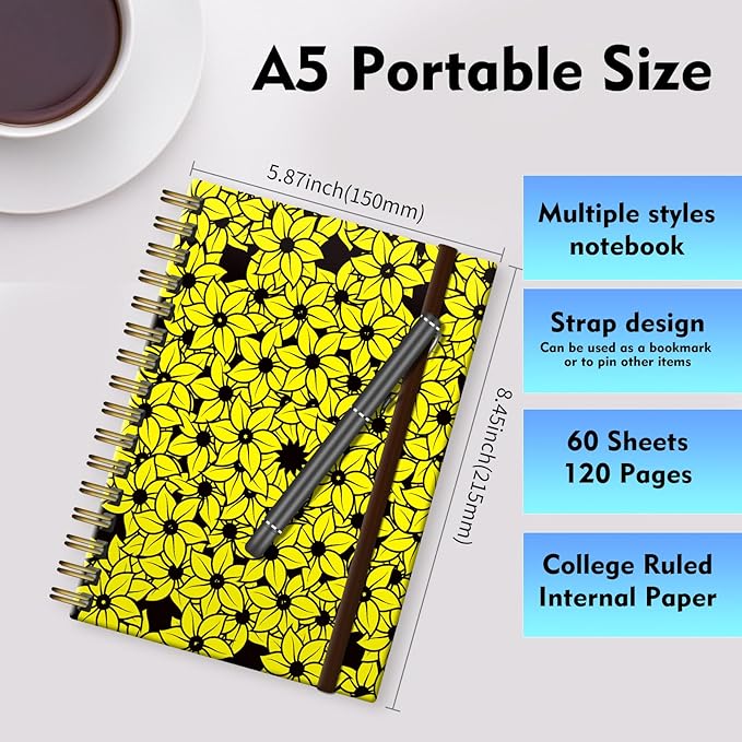 Spiral Journal Notebook, A5 Cute Notebooks for Women Men, College Ruled Hardcover Notebook for Work & Note Taking, 60 Pages Double-Wire Journals for Writing Cute Sunflowers