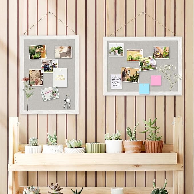 DOLLAR BOSS Cork Boards with Linen 2-Pack 16''X 12'' Cork Board for Walls White Wood Framed Small Bulletin Board Hanging Pin Board for Home Kitchen Office Decoration 20 Pushpin, Grey
