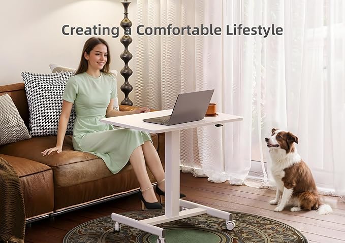 Mobile Standing Desk, Small Rolling Standing Desk, Mobile Desk Workstation with Wheels, Pneumatic Mobile Laptop Desk for Home Office with Hook, White